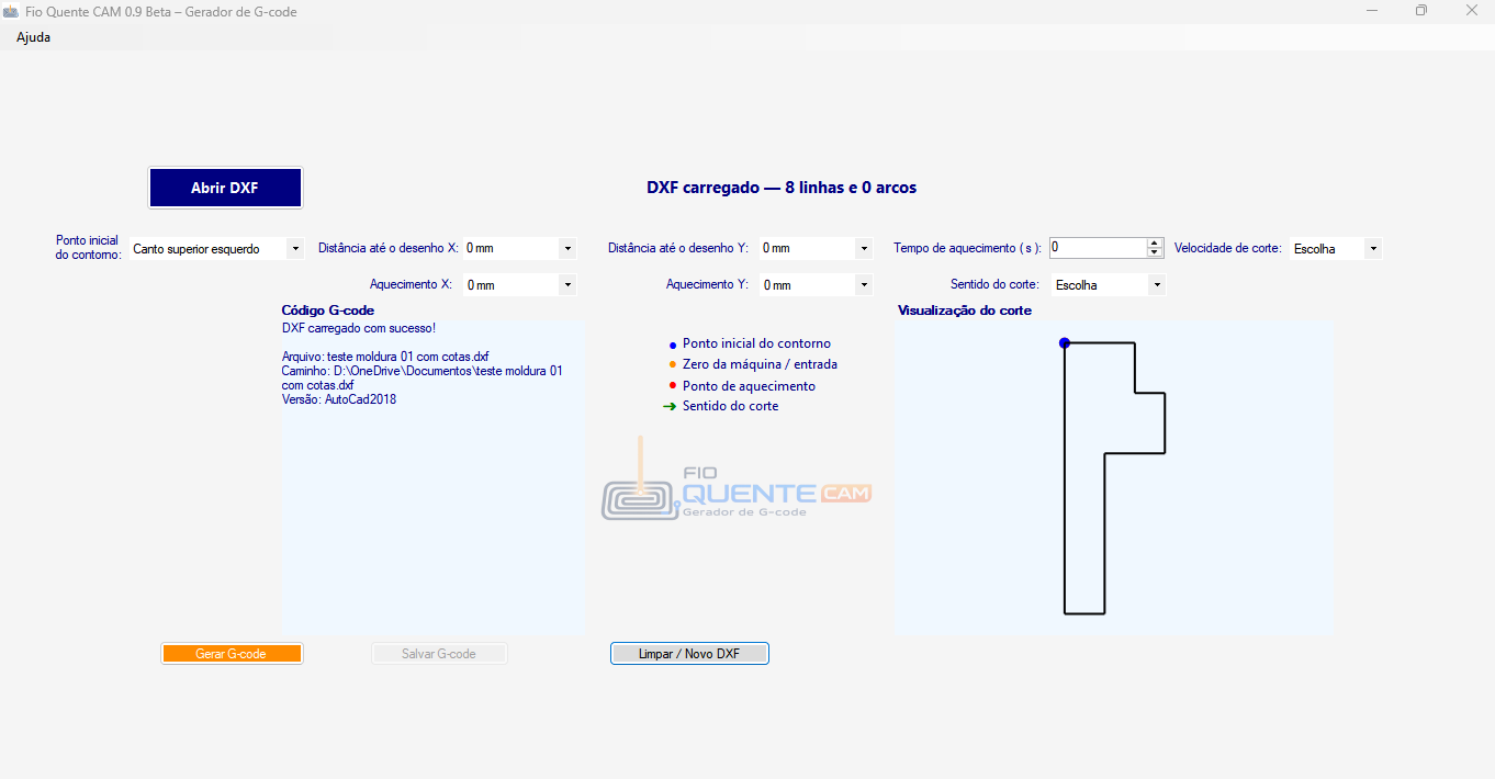 Interface do Fio Quente CAM com arquivo DXF carregado e visualização do corte